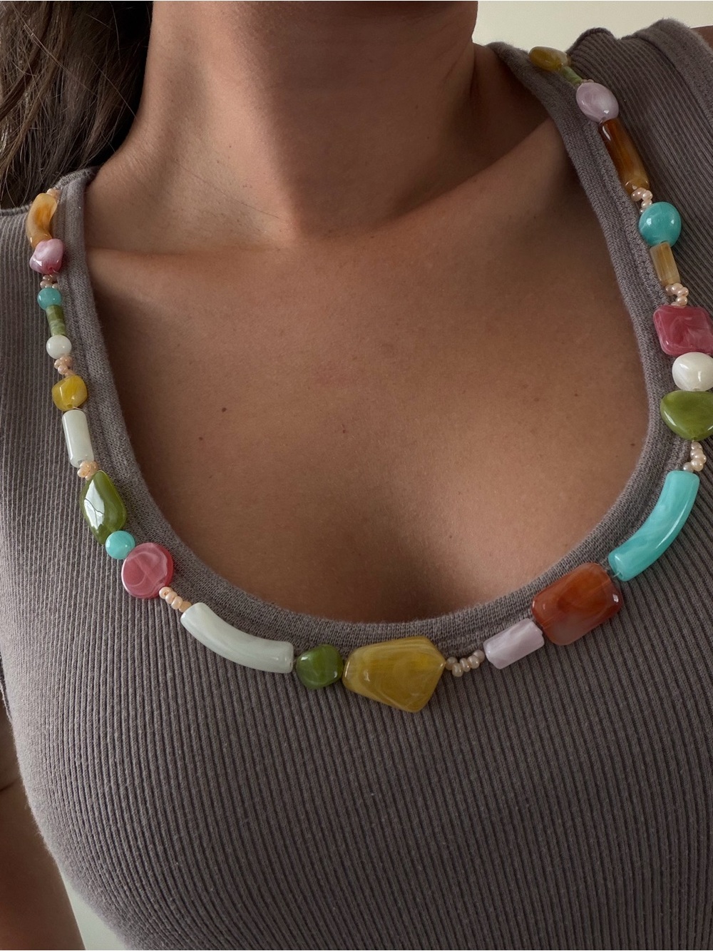 Taupe Ribbed Tank Top with Colorful Beaded Trim